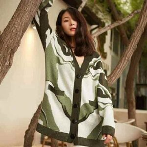 Chic Olive and White Cashmere Women's Cardigan